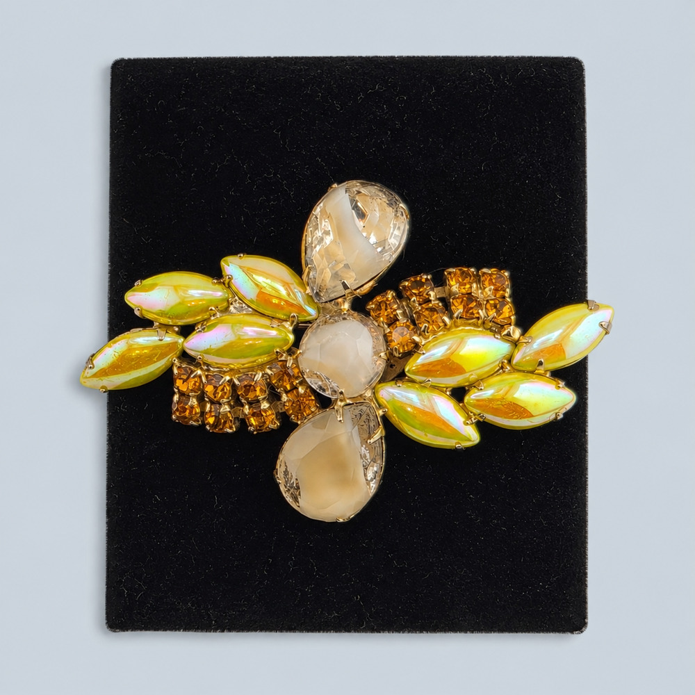 Vintage Yellow AB Rhinestone Brooch Milky White Glass Statement Pin